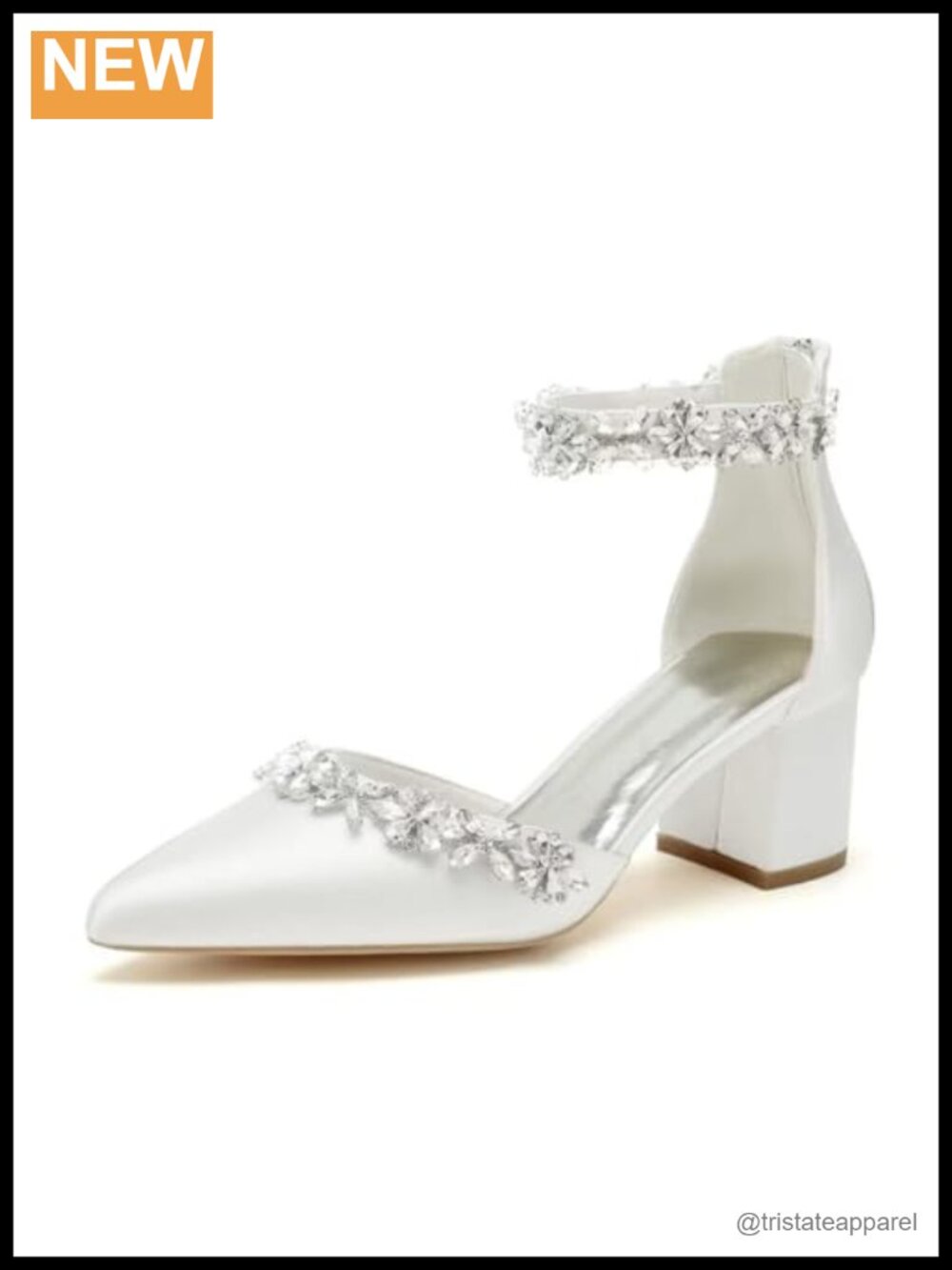 Women's Satin Rhinestone Block Heel Pumps Pointed Toe Zipper Wedding Shoes